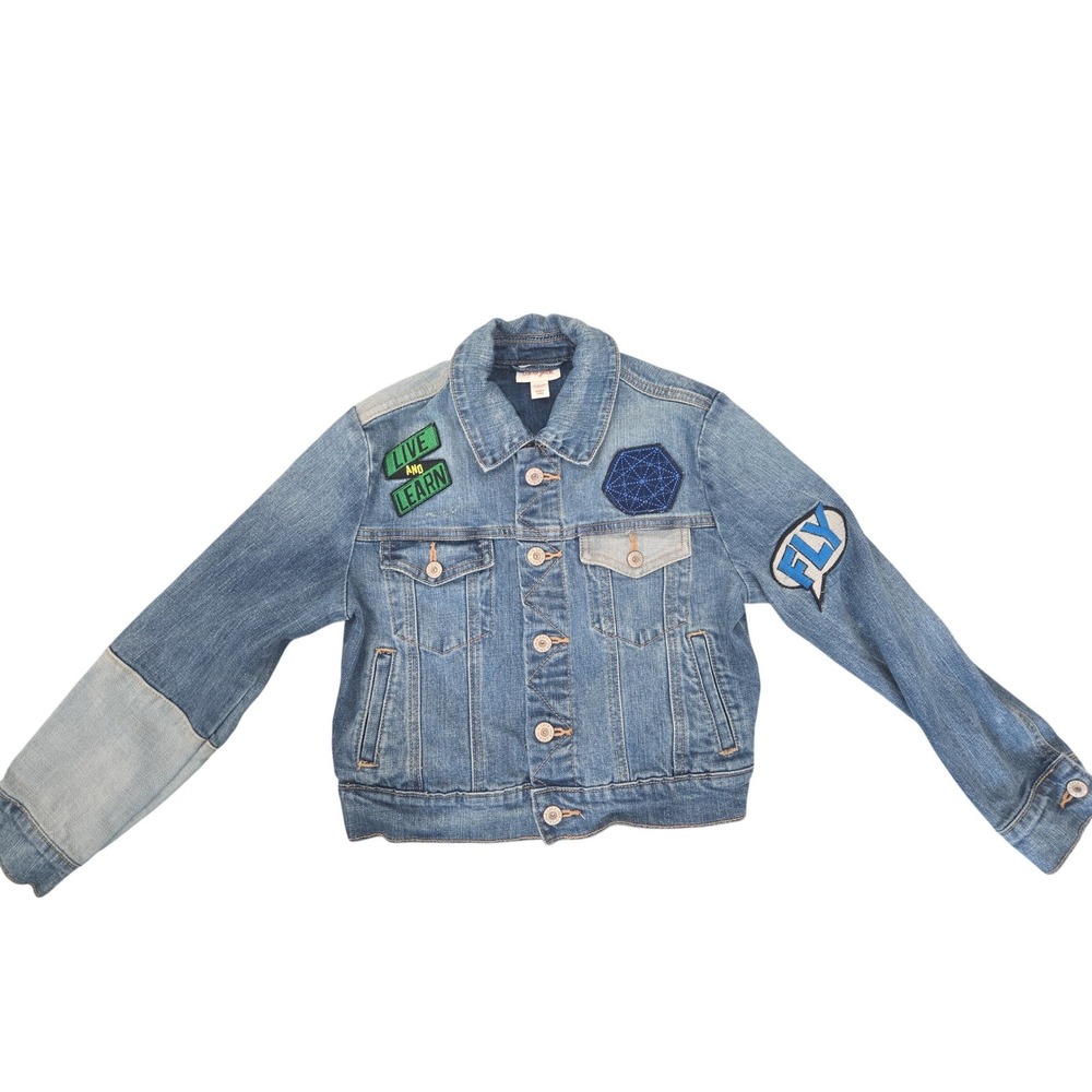 Cat & Jack Kids Blue‎ Denim Patchwork Trucker Jacket Patches Size S 6/7